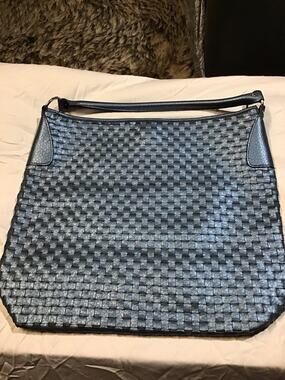 Davidoff Black Woven Leather Shoulder Bag Tote Handbag Hobo Blue Lined